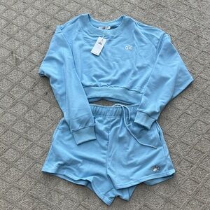 Yoga Light Blue Athletic Shorts and Cropped Sweatshirt
